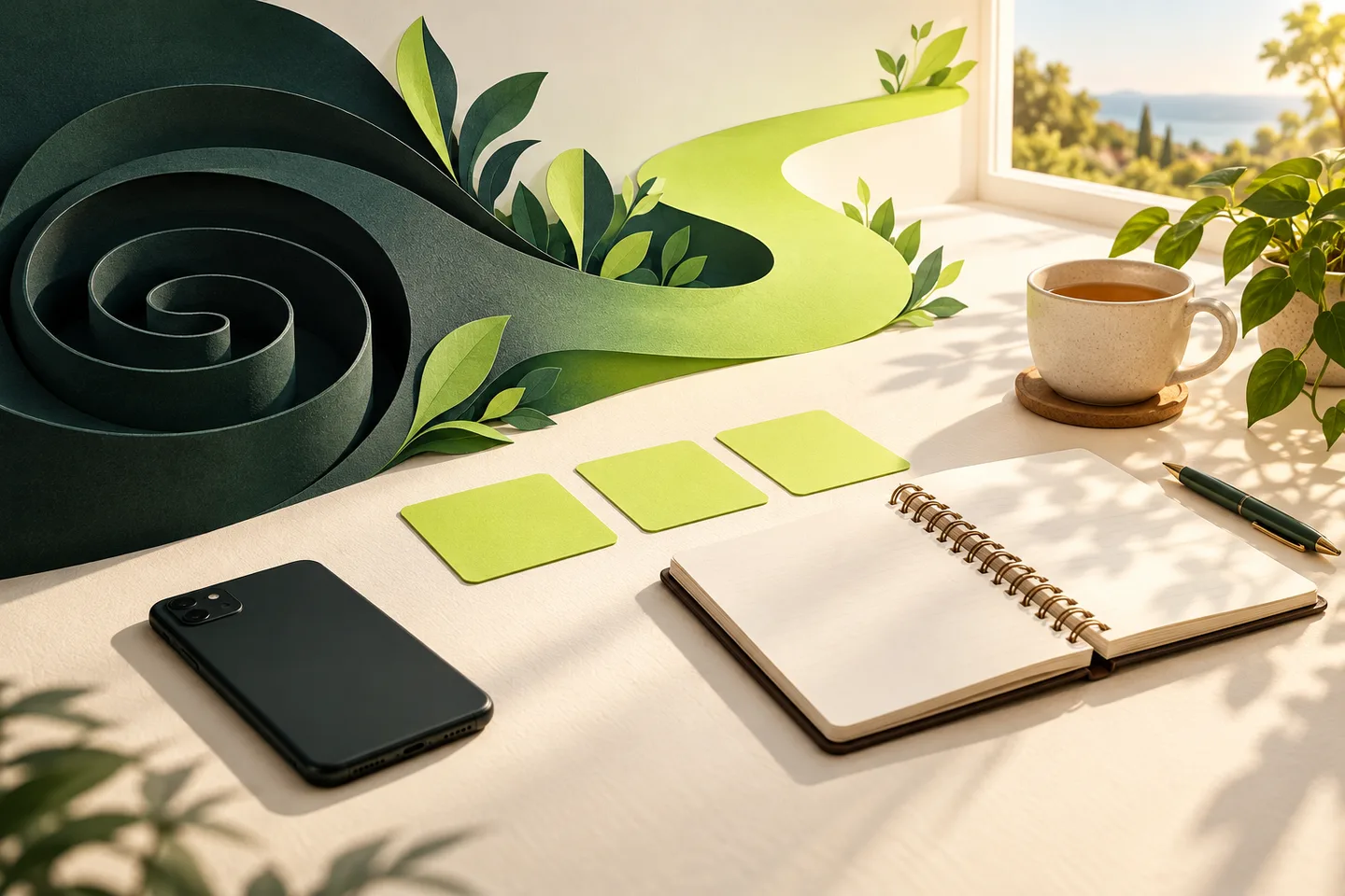 Celular virado para baixo, caderno e cartões de ação em um ambiente preparado para uma rotina diferente.